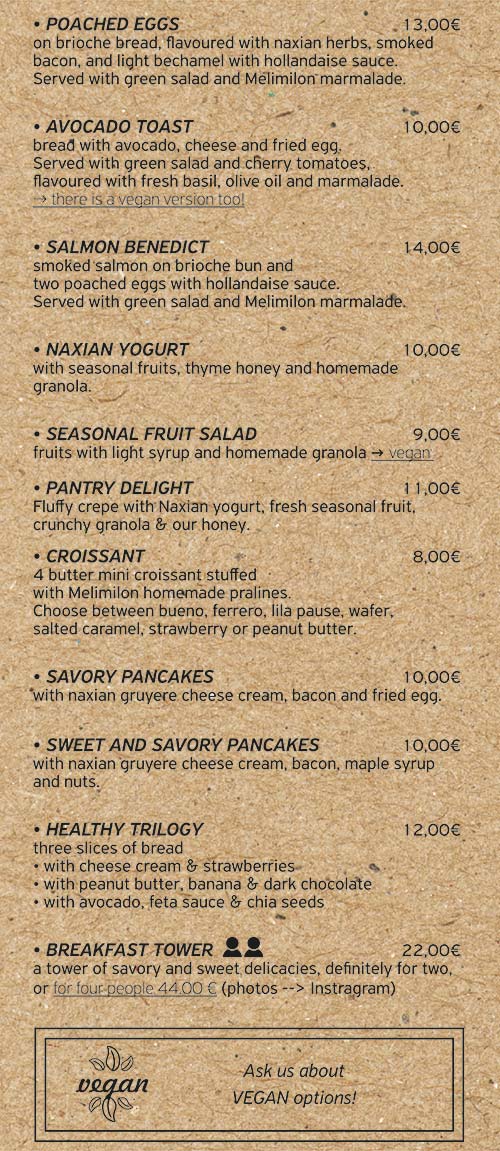 The menu of Pantry coffee and brunch spot in Naxos